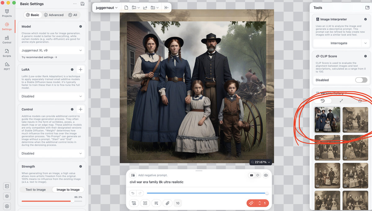 Screenshot of Draw Things showing a Civil War era family render with the Juggernaut XL V9 model selected and a strip of SDXL Turbo iterations on the right.