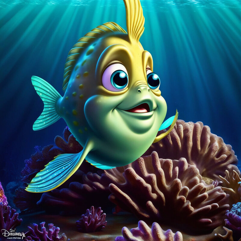 Bright, stylized portrait of Flounder smiling against a coral reef background.