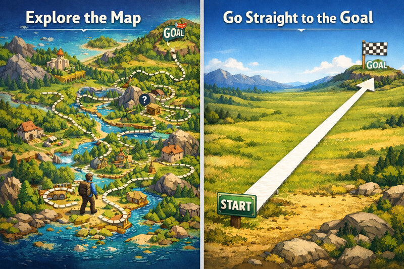 Two paths: a straight shot to the goal and a winding route full of stops.