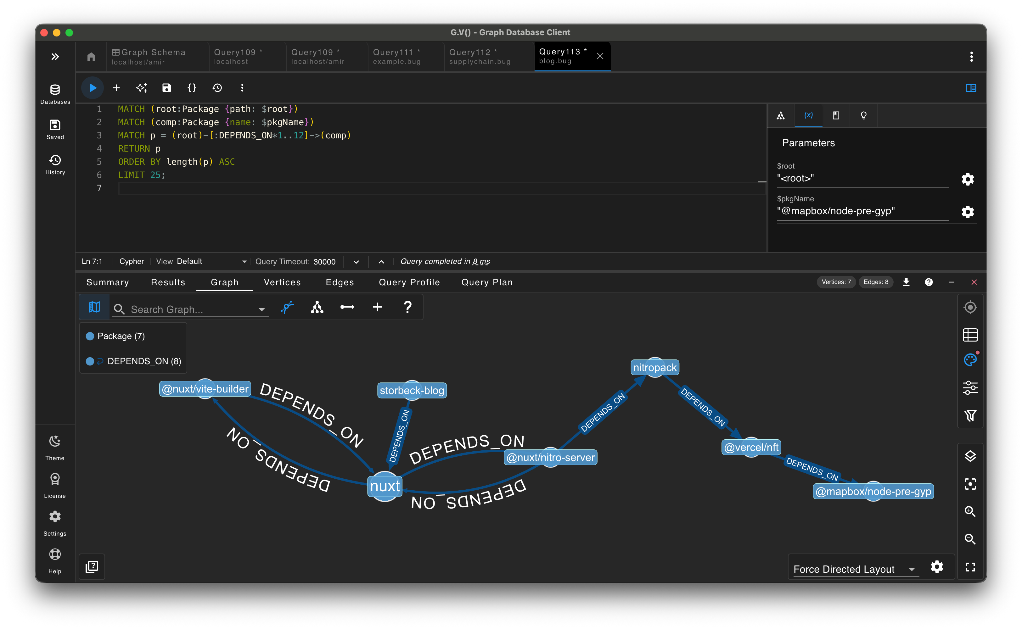 Graph path results showing the dependency chain from the root package to a target package.