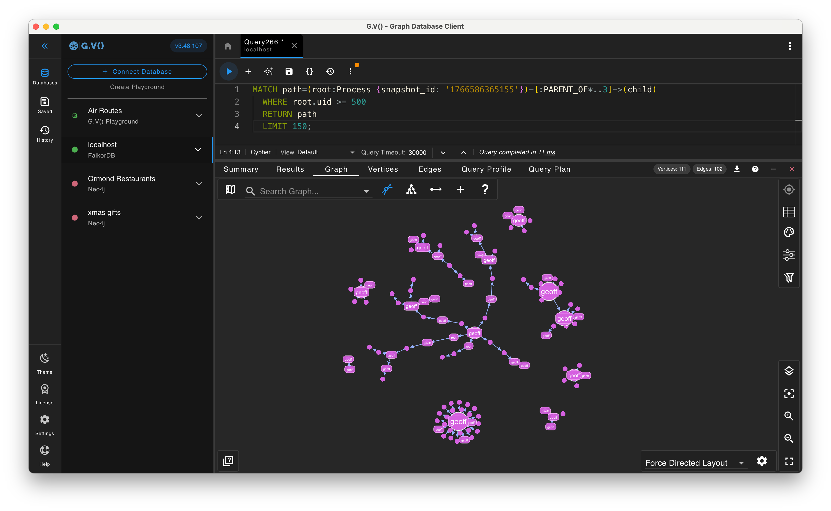 FalkorDB graph view showing a user process tree with parent/child edges.