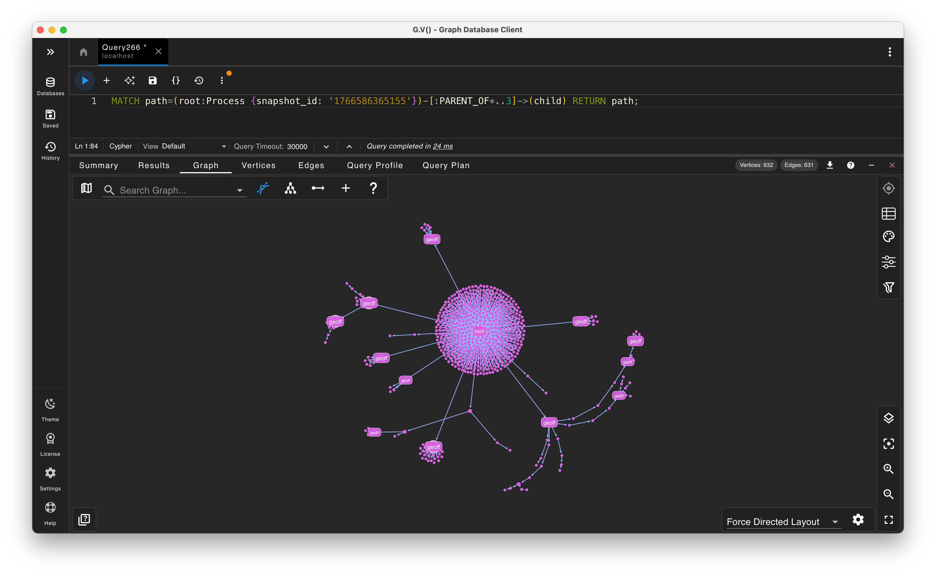 FalkorDB graph view of the full process snapshot with root and branching child chains.