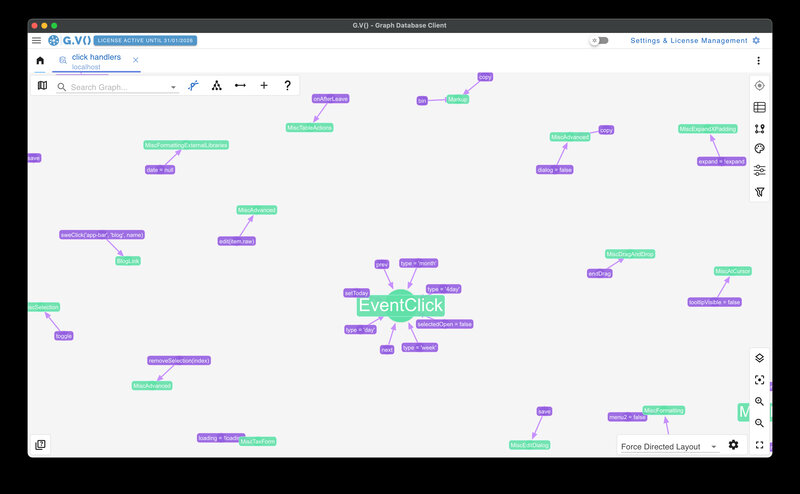 G.V() view of a LISTENS_TO query showing a click event connected to MiscTableActions handlers like onClickDelete and onClickReset.